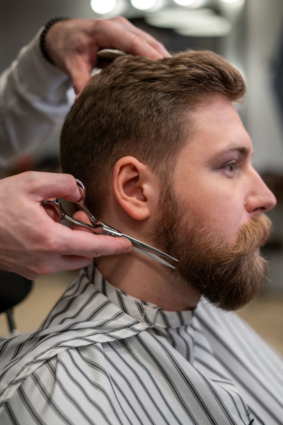 Men's haircut and beard trim, side profile